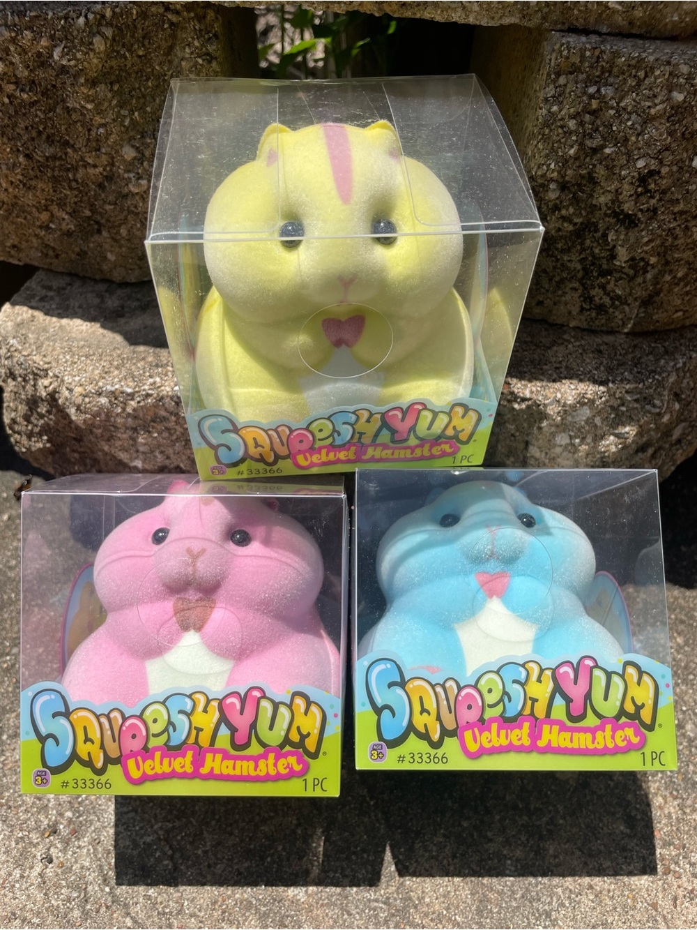 Full 3 Pack - Squeeshy Yum Velvet Hamster Plush Toy [Yellow, Pink, Blue] NEW!